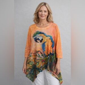 EUC Leoma Lovegrove Women’s Vibrant Parrot Print Asymmetrical Top, Size XL
